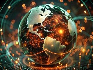 Digital world map and global network connections, representing the concept of international business .