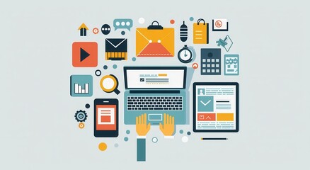 Digital workspace illustration with technology and business tools in flat design style