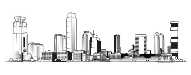 Vector illustration of the Jersey City skyline seen from the Hudson river