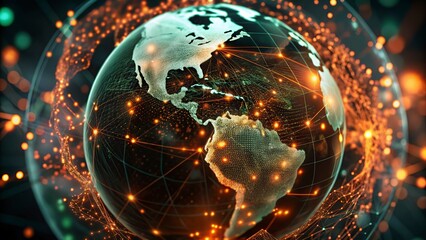 Digital world map and global network connections, representing the concept of international business .