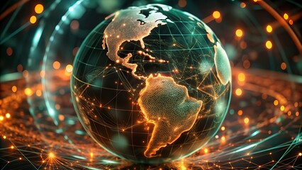 Digital world map and global network connections, representing the concept of international business .