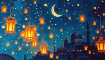 Enchanting night sky adorned with glowing lanterns over a historic mosque under a crescent moon