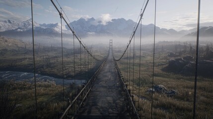 Obraz premium Misty mountain suspension bridge, desolate landscape, tranquil scene