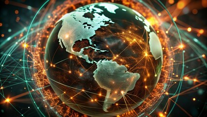 Digital world map and global network connections, representing the concept of international business .