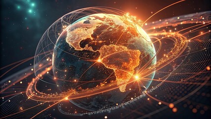 Digital world map and global network connections, representing the concept of international business .