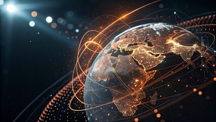 Digital world map and global network connections, representing the concept of international business .