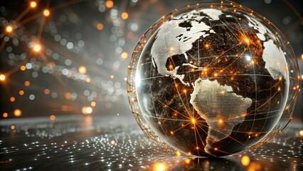 Digital world map and global network connections, representing the concept of international business .