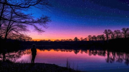 Fototapeta premium Silhouetted figure by lake at twilight, starlit sky
