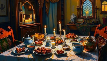 Intricate candlelit banquet featuring delightful pastries and ornate tableware in a historic setting