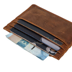 Simple small leather wallet that serves to store a few cards and a little money, isolated on white background