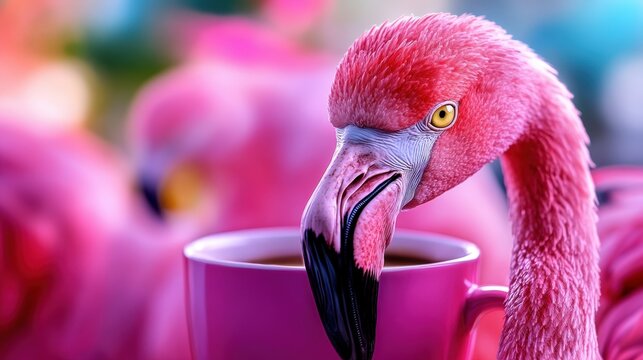 An eye-catching flamingo leans over a vibrant pink coffee cup adorned with a colorful background, showcasing a playful and whimsical approach to everyday life reflections.