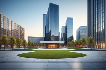 there is a large circular lawn in the middle of a city