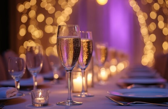 Sophisticated gala dinner table setting with sparkling champagne glasses. Festive elegant event celebration with luxury party banquet tableware, dining. Reception decor formal catering glassware on
