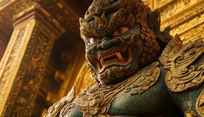 Intricate Golden And Teal Guardian Statue Detail