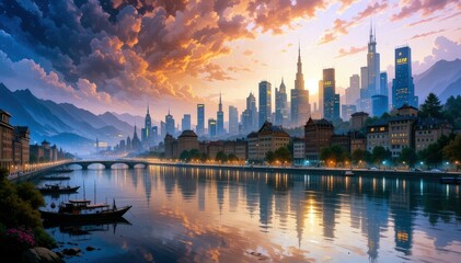 Naklejka premium Sunset over a vibrant city skyline reflecting on tranquil waters with dramatic clouds and distant mountains in view
