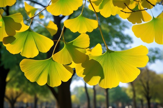 arafed ging leaves hang from a tree in a park