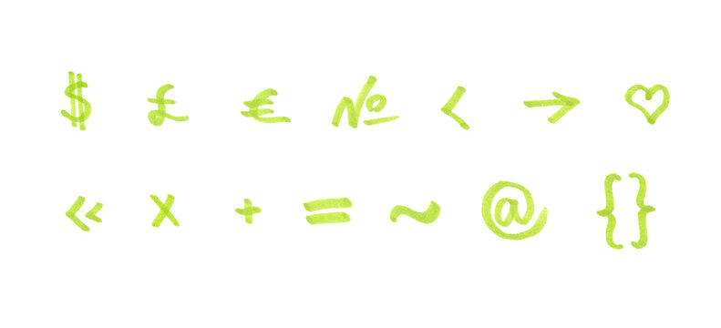 Special Characters and Punctuation Symbol Set, Hand-drawn Marker Glyphs with light green color on Transparent Background