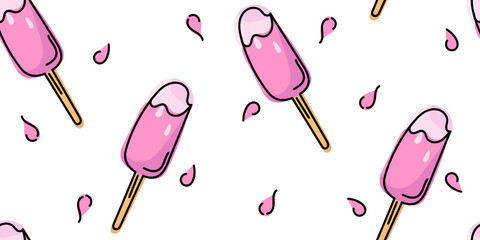 Colorful Doodle seamless pattern Ice Cream popsicle on beige stick in violet and pink colors. Editable stroke. Vector hand drawn illustration for cards, business, banners, textile, wrapping	