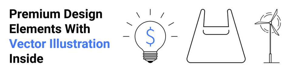 Lightbulb with dollar sign symbolizing ideas or savings, reusable shopping bag, windmill reflecting eco-friendly energy. Ideal for green technology, innovation, finance, eco-lifestyle, environment