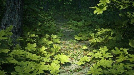 Fototapeta premium Sunlit forest path, vibrant foliage, dappled light, mystical atmosphere