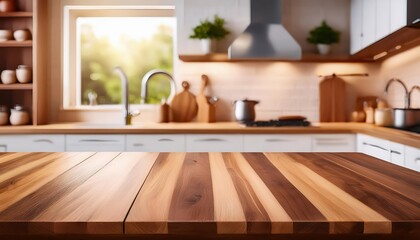 Empty Wooden Table Top with Blurred Kitchen Background A Serene Vignette in Rustic Charm, Embracing Calm and Minimalism, Perfect for Modern Decor or Digital Art Inspiration.
