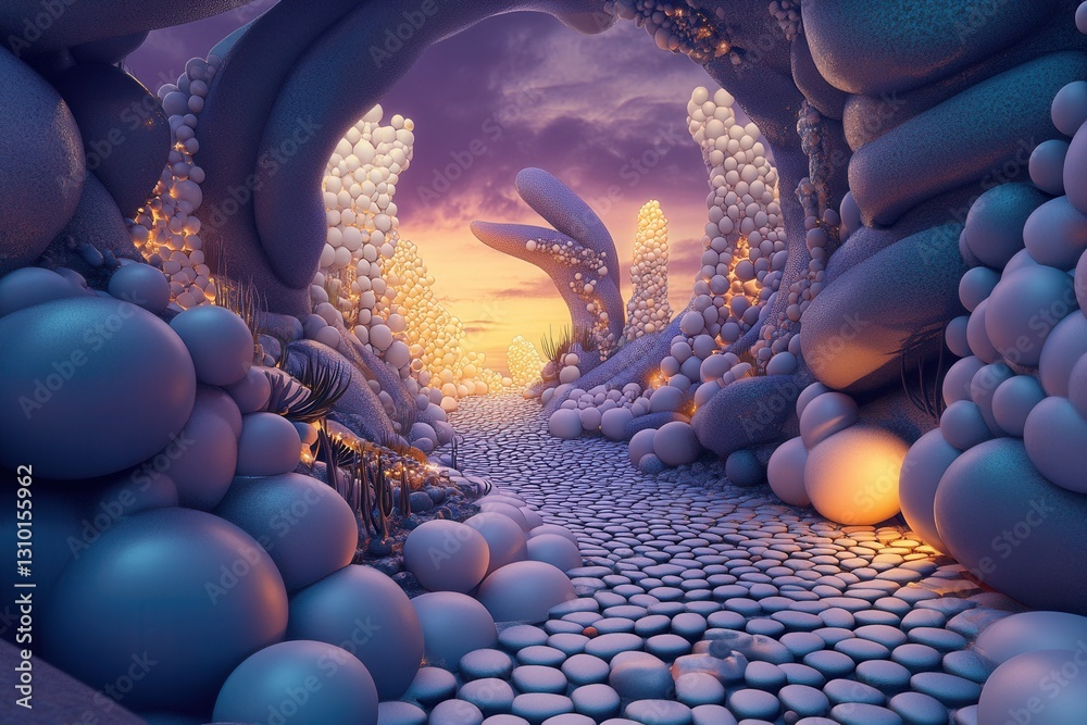 Aufkleber Surreal landscape of pill structures featuring dreamlike lighting and intricate details at dusk Generative AI