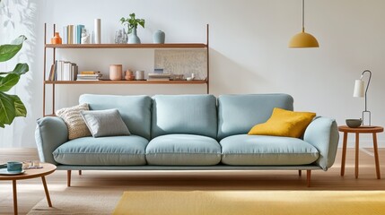A modern living room with comfortable blue sofa and decor