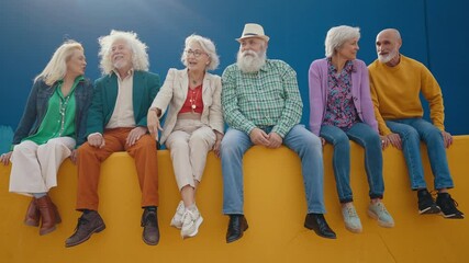 Group of happy elderly people bonding outdoors  - Old people in the age of 60, 70, 80 having fun and spending time together, concepts about elderly, seniority and wellness aging
