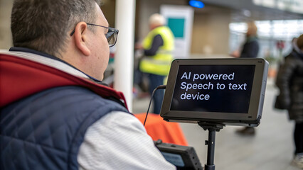 AI-Powered Speech to Text: An individual utilizes an advanced speech-to-text device, showcasing the cutting-edge technology's application in enhancing communication.