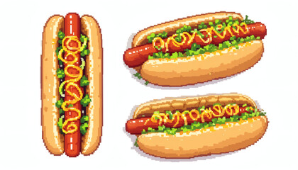 Isolated 8-bit Pixel Hot Dog with Toppings in Three Angles: Top, Side, and 45-Degree View on White Background