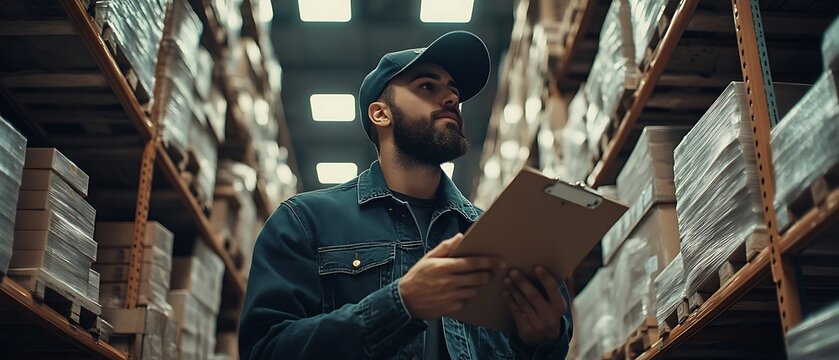 Warehouse worker checking inventory in large storage facility