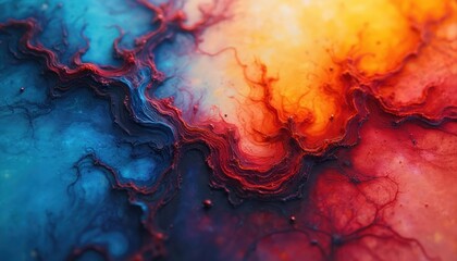 Colorful alcohol ink abstract composition with rich tones. Modern colorful texture background. Melding, flowing acrylic paints across canvas. Illustration features abstraction, curve, decorative
