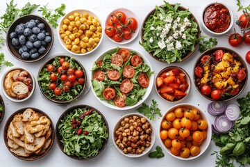 Fototapeta premium Assorted vegetarian dishes arranged on a white wooden table ready for serving