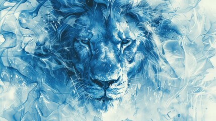A detailed blue sketch captures the majestic features of a lion against an aquamarine background, highlighting its fierce expression and flowing mane.