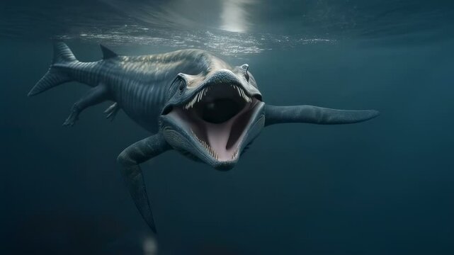 A Ichthyosaurus, an extinct marine dinosaur, swims underwater. Generative AI content