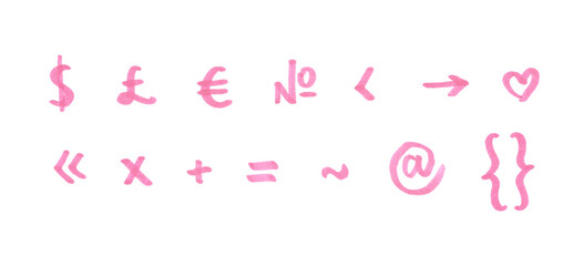 Special Characters and Punctuation Symbol Set, Hand-drawn Marker Glyphs with pink color on Transparent Background