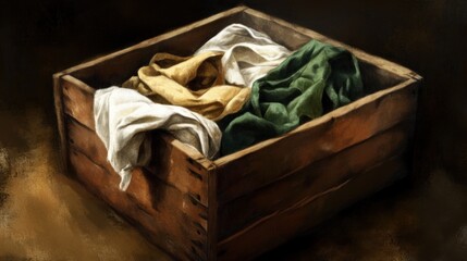 Fototapeta premium Wooden Crate Filled with Colorful Fabrics