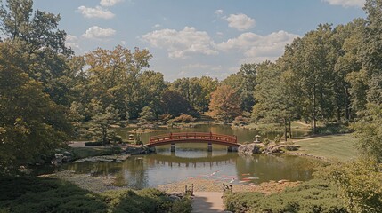 Obraz premium Serene Japanese garden with red bridge, pond, koi