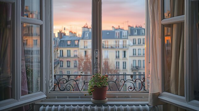 The window in an apartment reveals stunning Parisian architecture framed by soft curtains, with a flower pot adorning the ledge during a colorful sunset.