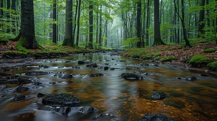Obraz premium Forest stream flowing through mossy rocks in misty woods