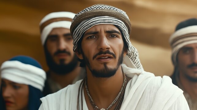 Portrait of a Middle Eastern man in the desert. A man in white Arab clothing, during the time of Jesus Christ. Biblical story.