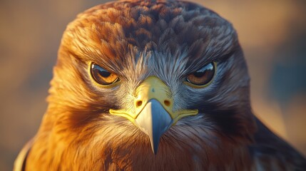 Fototapeta premium Close-up of a hawk's intense gaze, sharp beak, and detailed feathers in warm light.