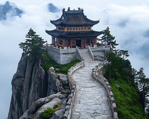 Temple atop mountain, misty scenic landscape
