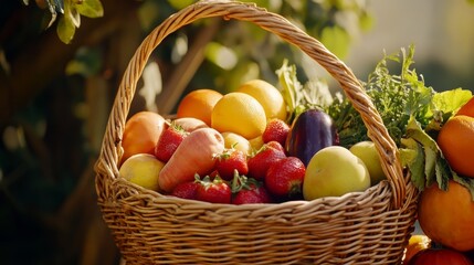 A wicker basket holds fresh, organic fruits and veggies.
