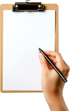 Mano sujetando un bol&iacute;grafo tomando apuntes sobre un folio en blanco en un portapapeles sobre fondo transparente