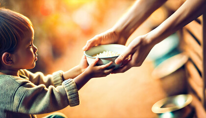 Child Receiving Charity Food From Volunteer Hands 
 with Blurred Background, World Orphans Day Concept 