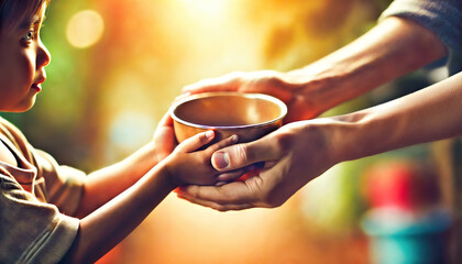 Volunteer Giving Child Charity Food 
 with Blurred Background, World Orphans Day Concept 
