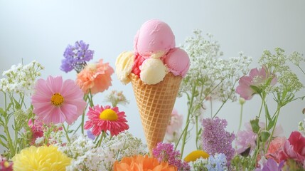 A colorful ice cream cone sits on a white background, surrounded by flowers.  Simple summer scene.
