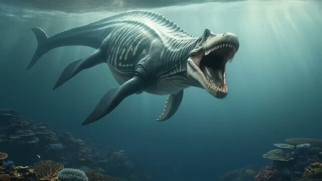 An extinct marine dinosaur, swims underwater. Generative AI content