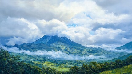 Majestic Arenal Volcano in Costa Rica surrounded by clouds